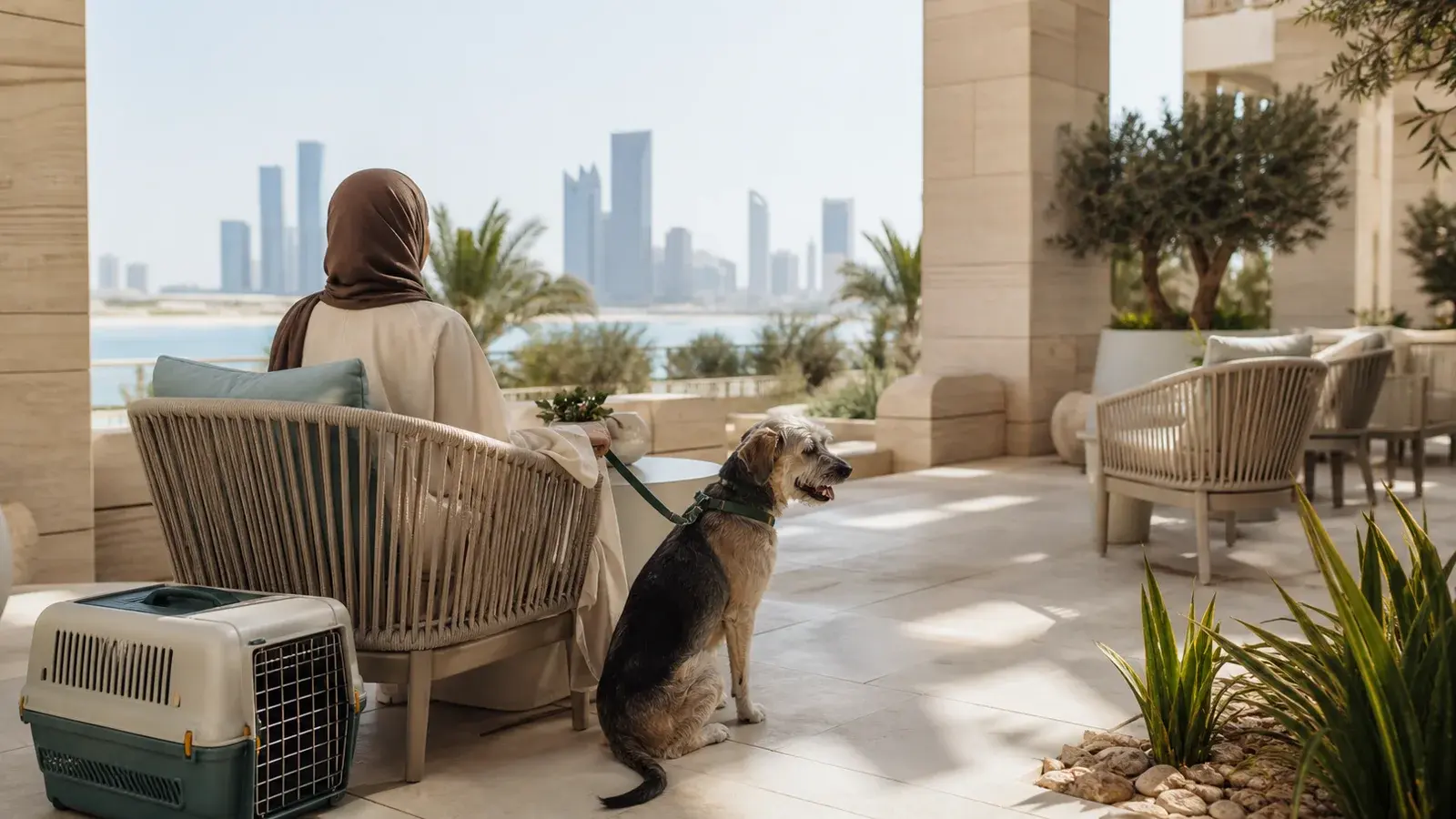 Editorial illustration of a guest with a leashed dog and closed cat carrier on a fictional Abu Dhabi hotel terrace