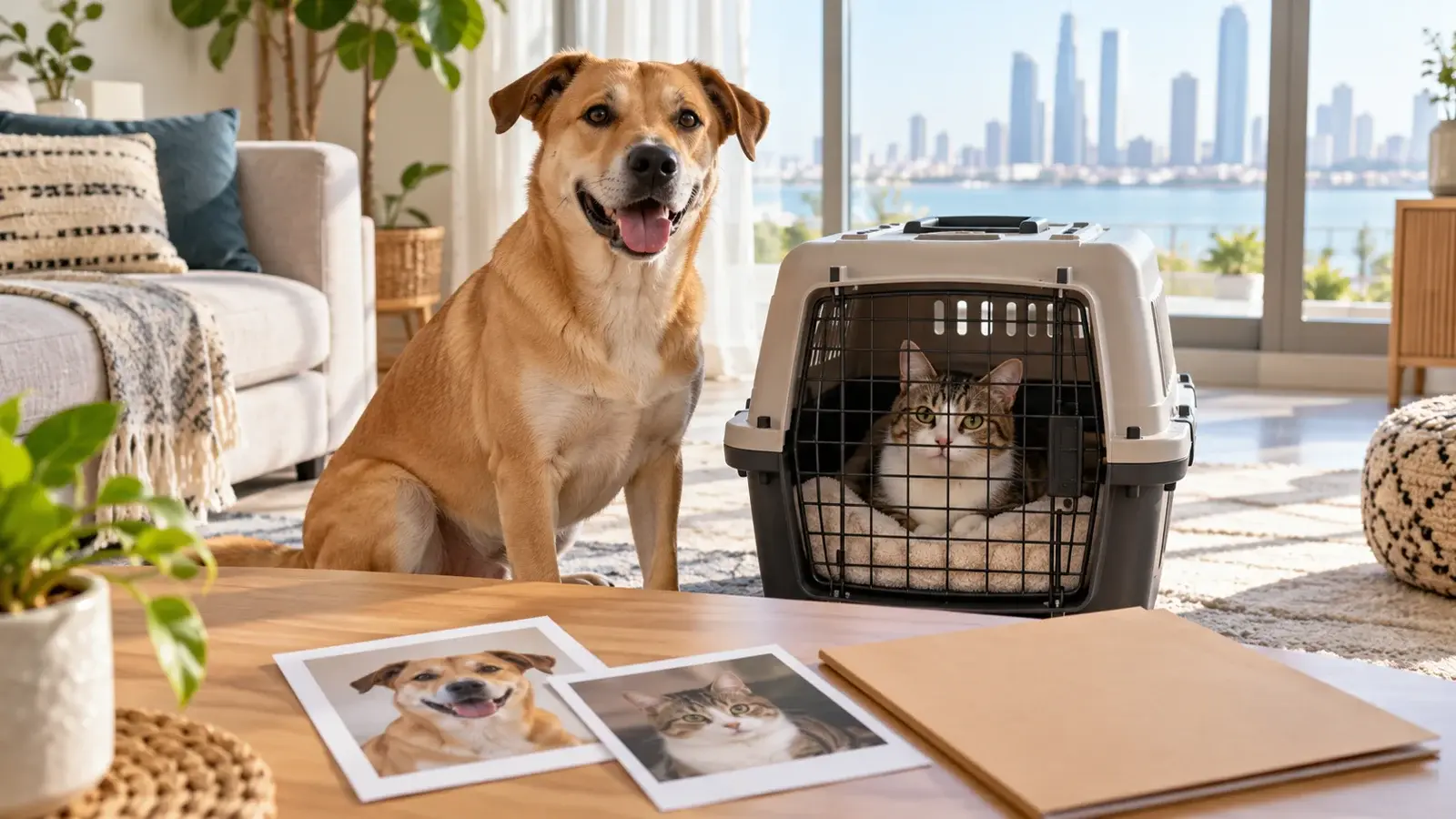 A dog and a cat in a carrier beside pet photographs and a plain folder in a fictional Abu Dhabi apartment