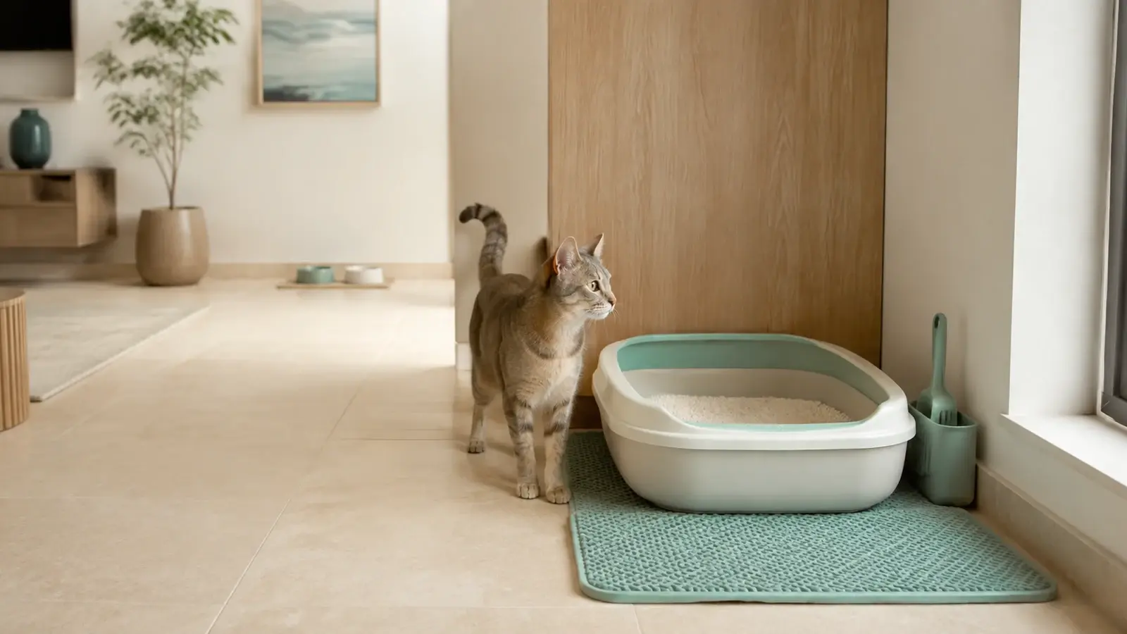 Cat beside a large clean open litter tray in a calm fictional UAE apartment, with food and water placed farther away