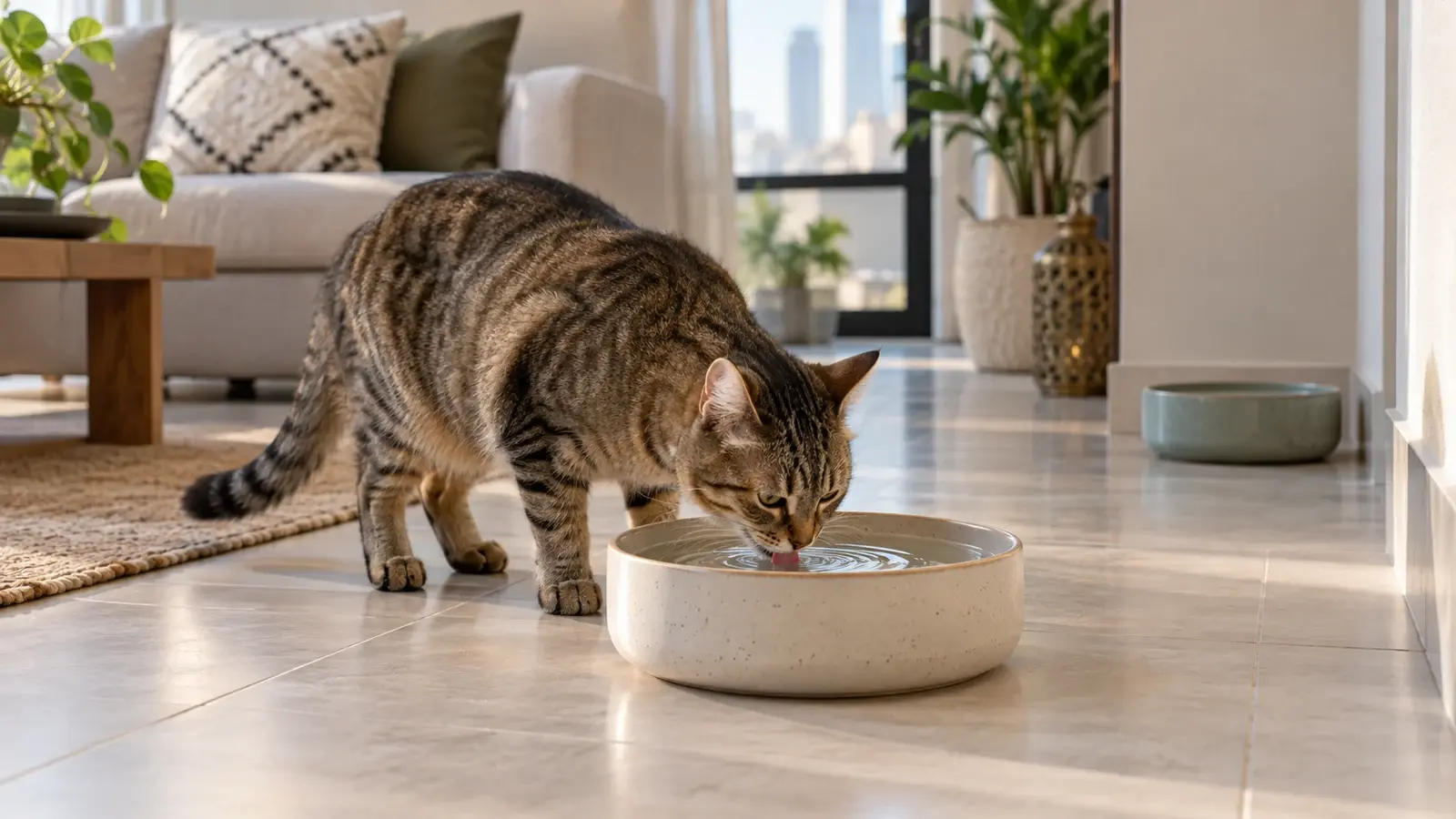 Tabby cat drinking from a wide ceramic water bowl, with a second bowl farther away in a fictional UAE apartment