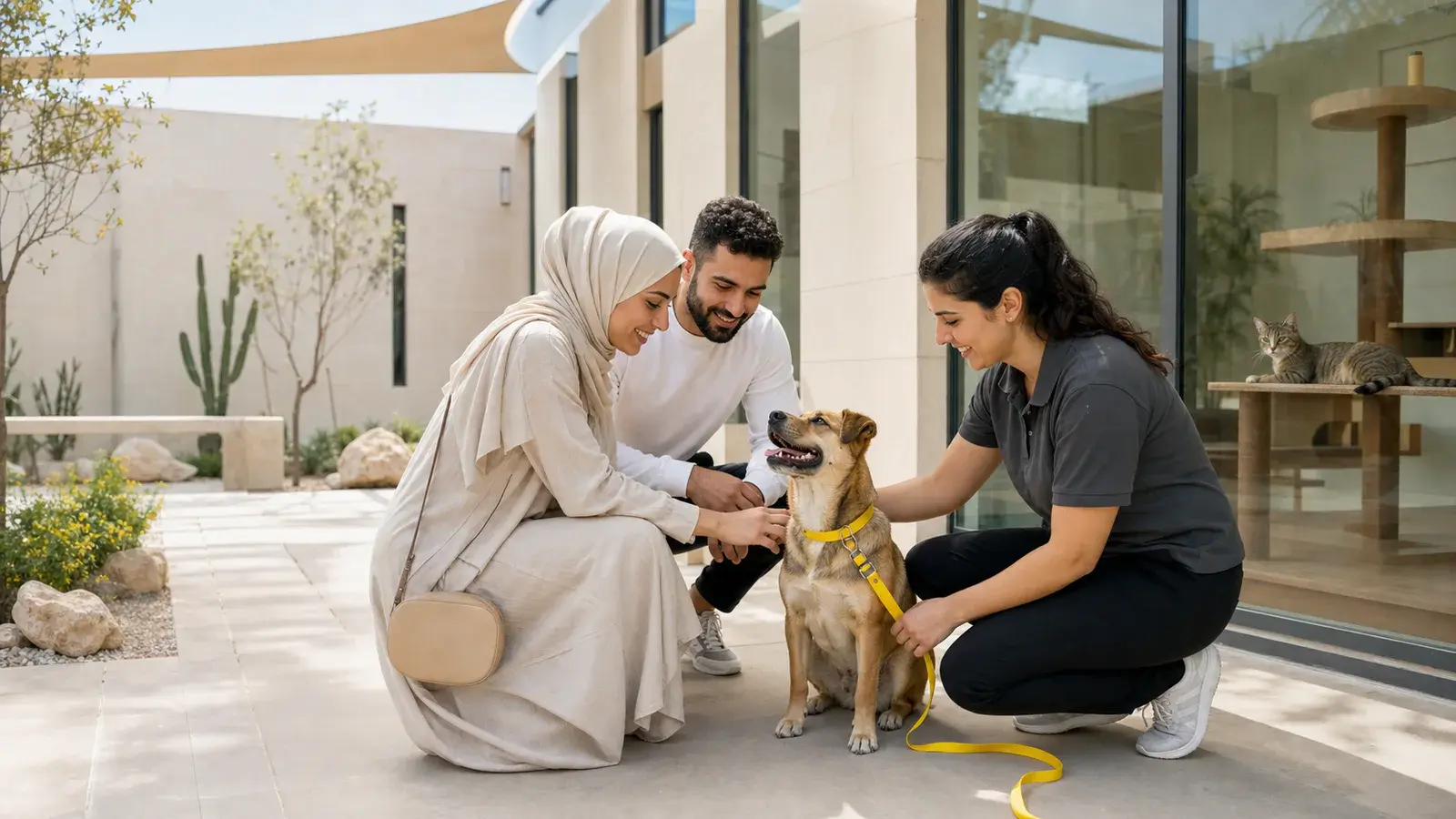 Editorial illustration of prospective adopters meeting a rescued dog at a modern UAE animal shelter