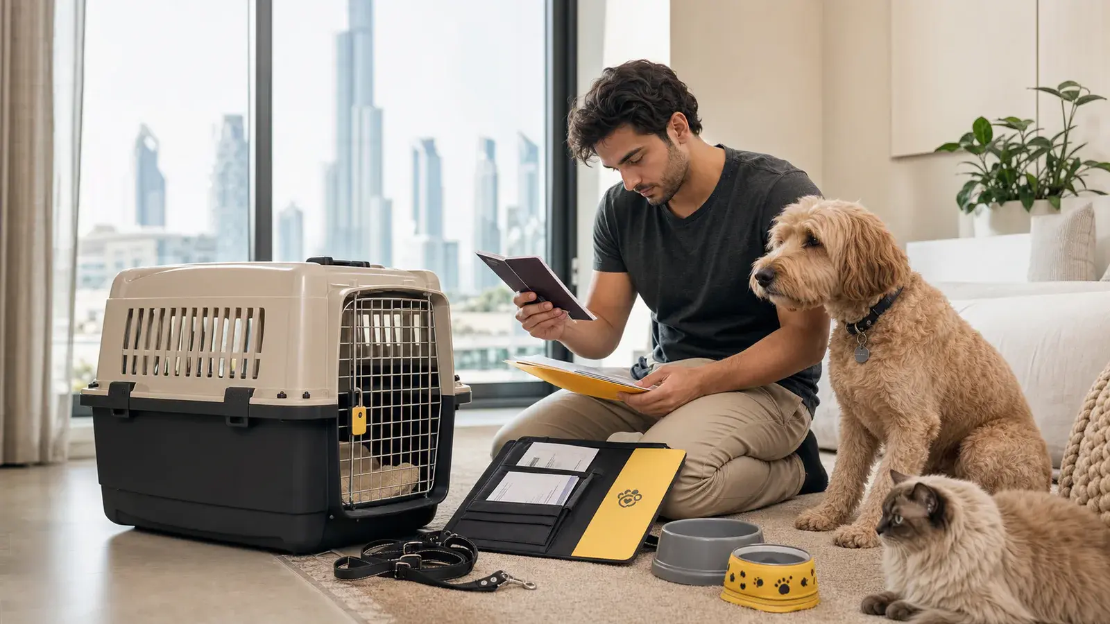 Editorial illustration of an owner preparing a dog and cat for international travel from the UAE