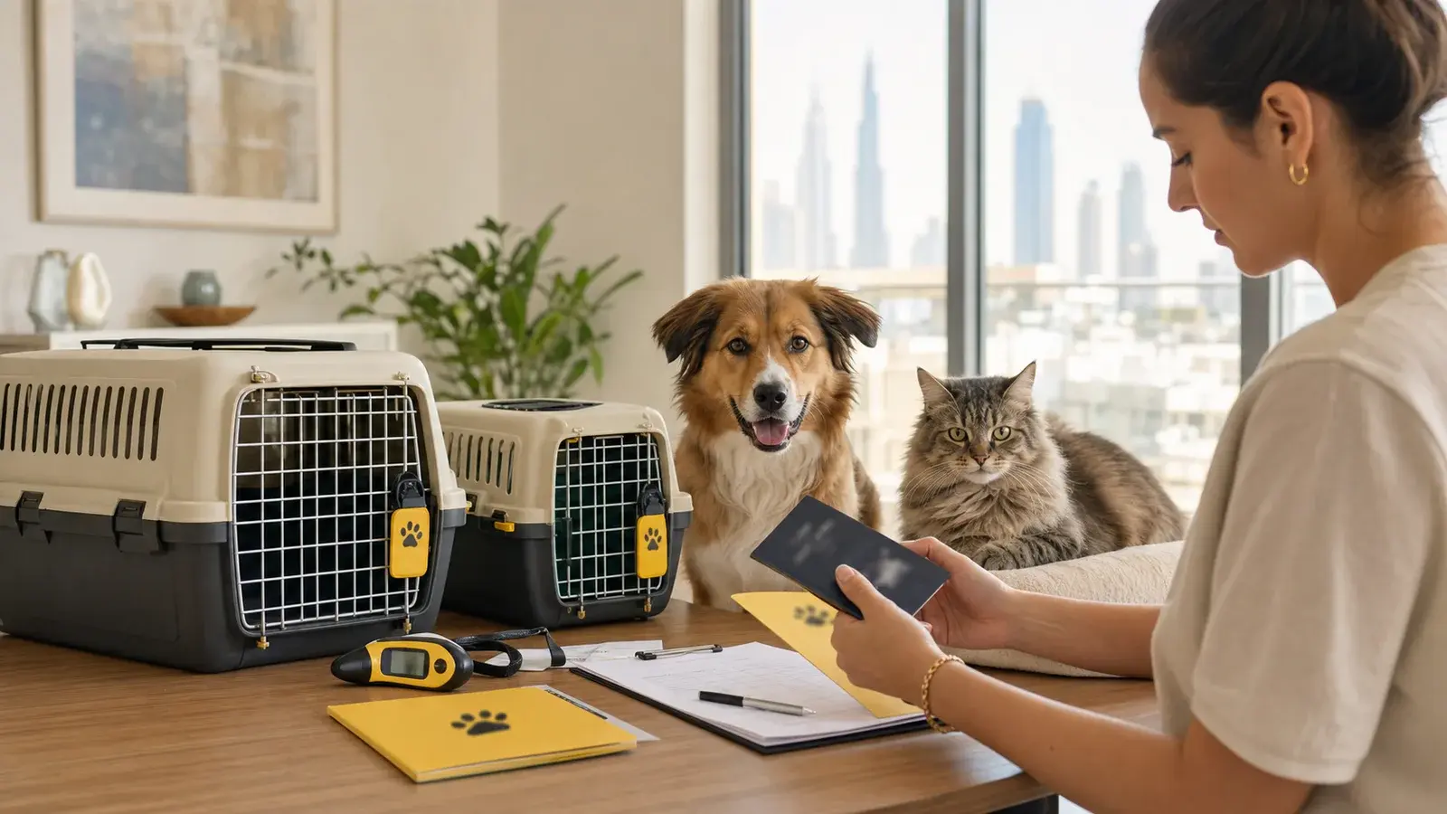 Editorial illustration of a dog and cat prepared for relocation to the UAE with travel crates and documents