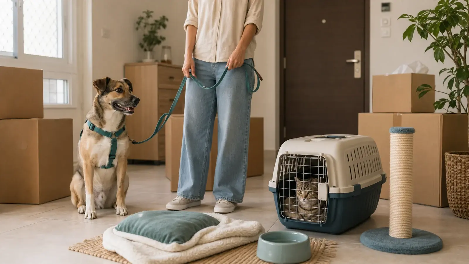 Dog on a harness and lead beside a cat in a closed carrier, familiar bedding and moving boxes in a fictional UAE apartment