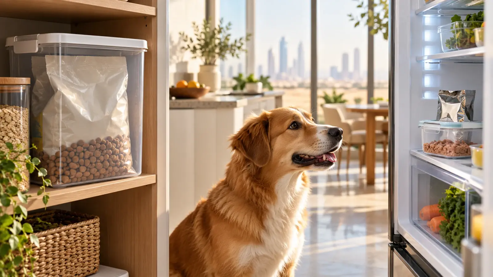 AI editorial scene of a dog beside an indoor cupboard holding a dry-food bag inside a storage bin, with covered wet food in a fridge