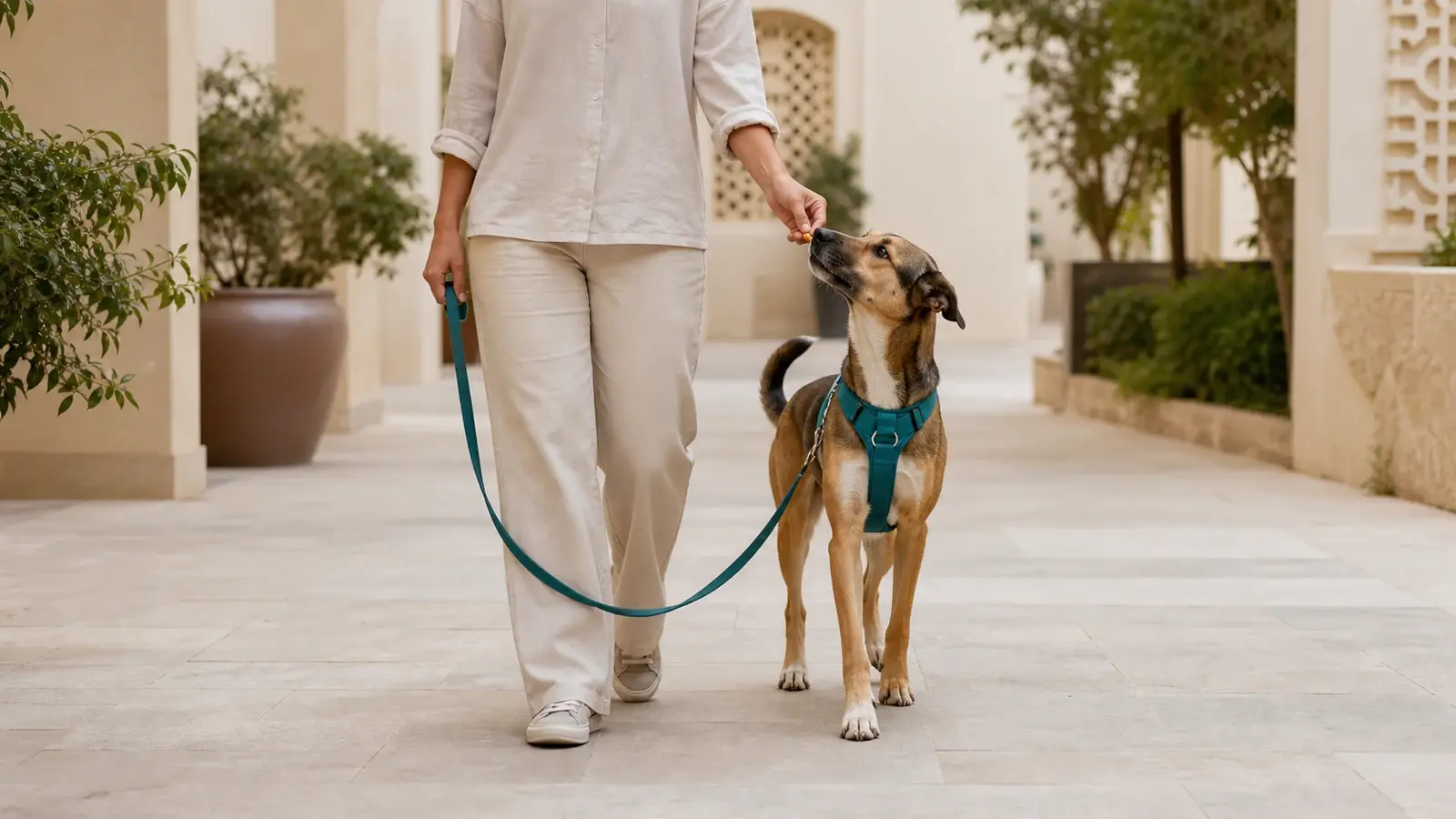 Relaxed dog walking beside its handler on a slack lead in a fictional shaded UAE residential courtyard
