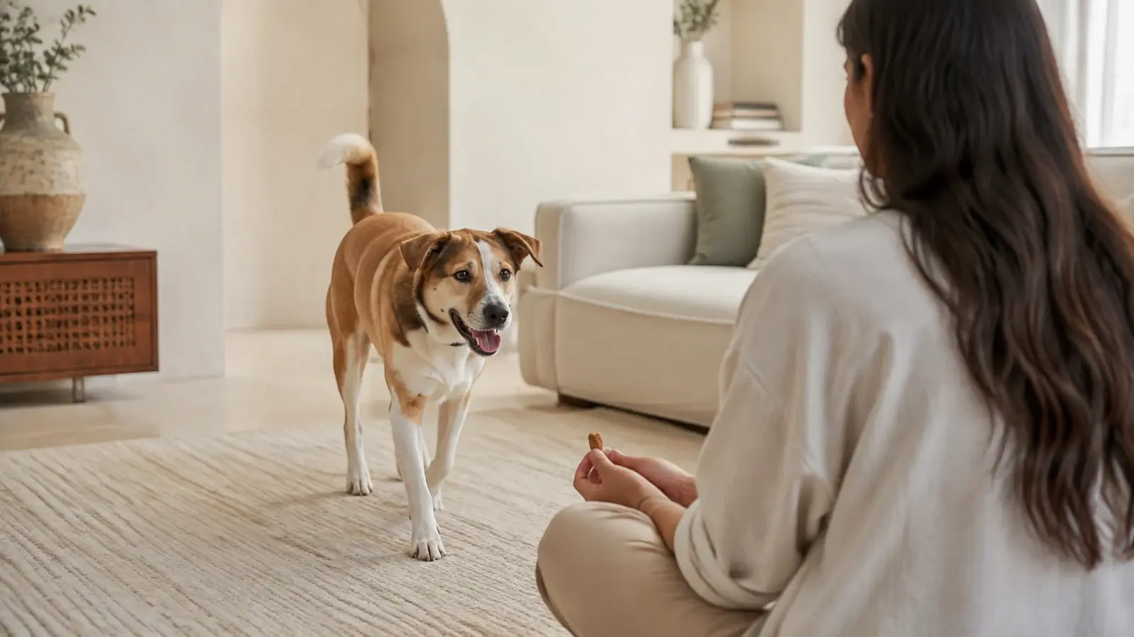Dog walking happily towards a seated handler offering a small reward in a fictional UAE apartment
