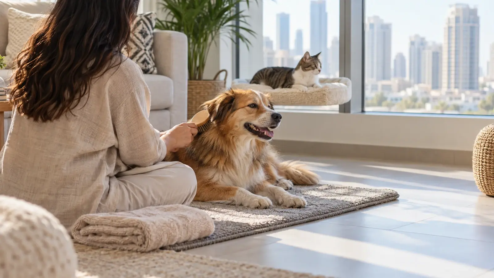 Editorial illustration of a person gently brushing a relaxed dog while a cat rests nearby in a fictional UAE apartment