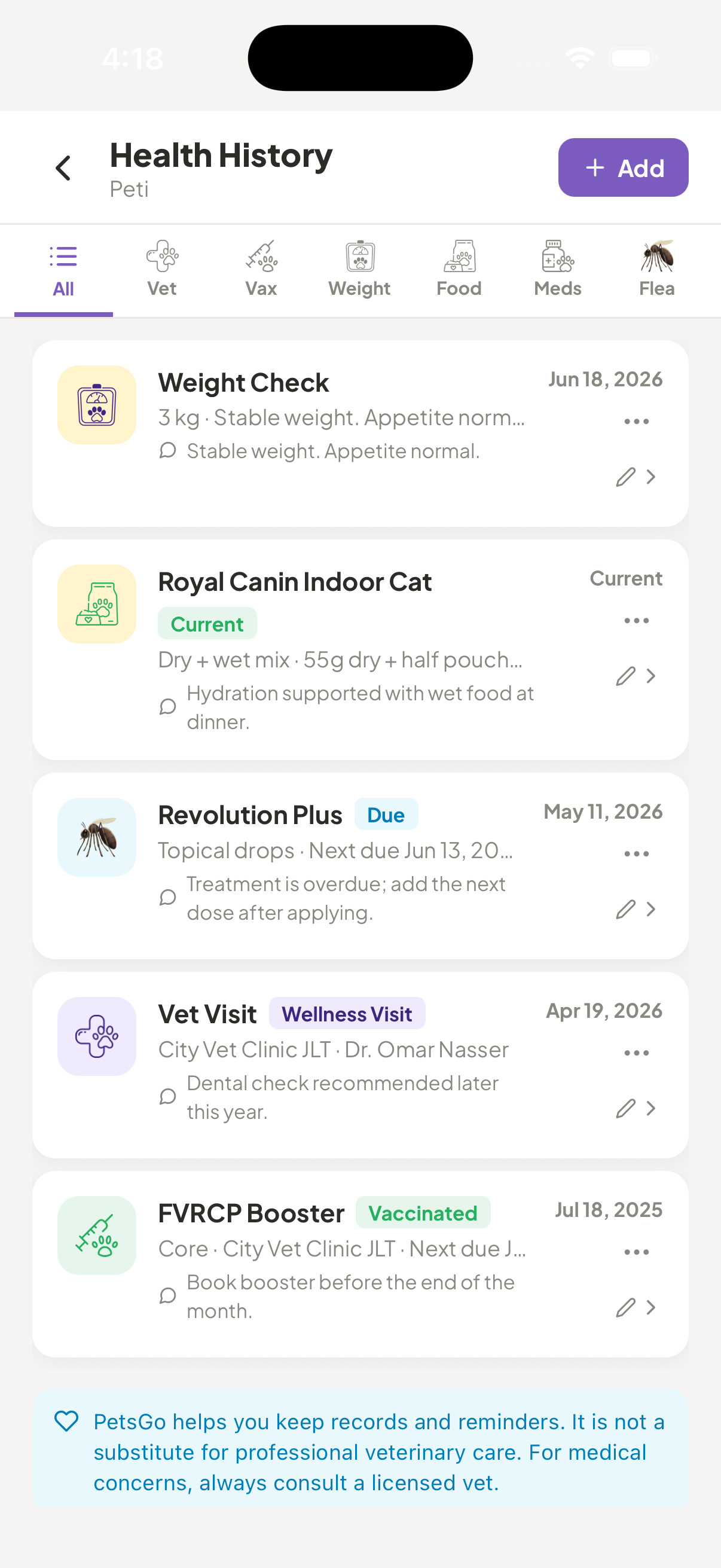 PetsGo health history screen showing Peti health records, food, flea treatment, vet visit, and vaccination entries.