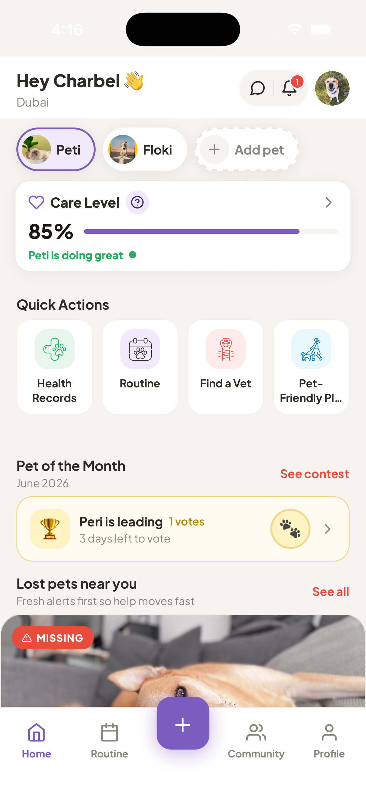 PetsGo home dashboard greeting Charbel with pet switcher, care level, quick actions, and lost pets near you.