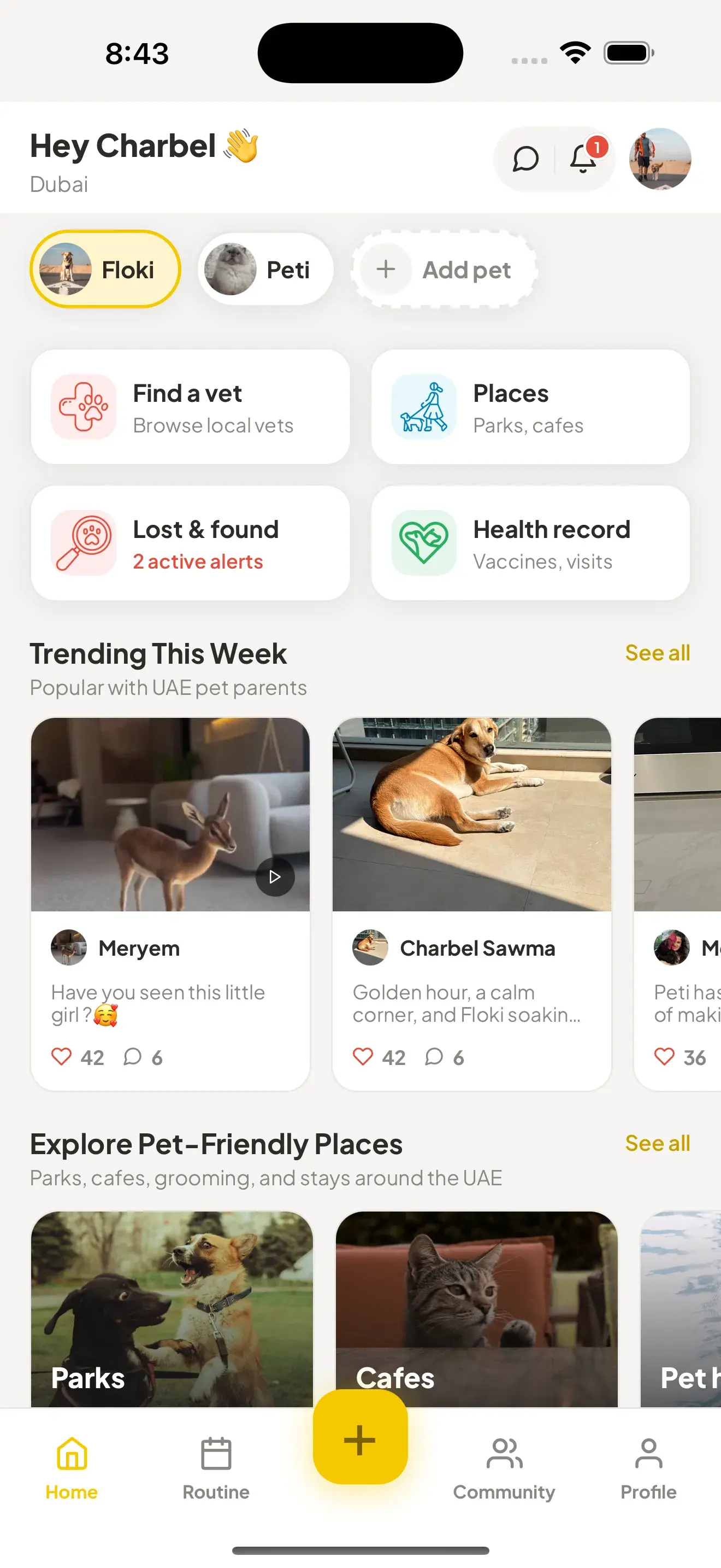 PetsGo home screen with care level, quick actions, and nearby lost pet alerts.