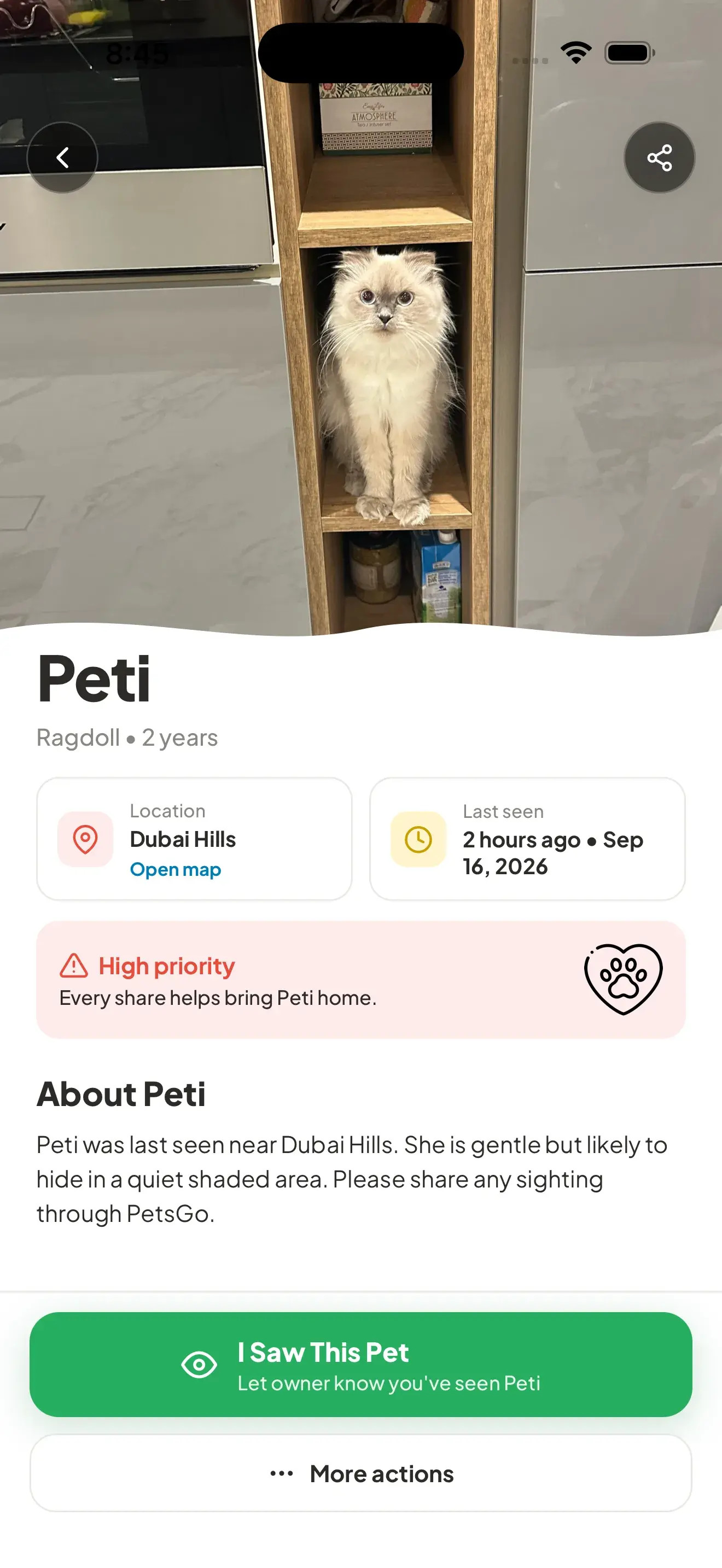 PetsGo lost pet alert screen showing last-seen location, details, and an I Saw This Pet button.