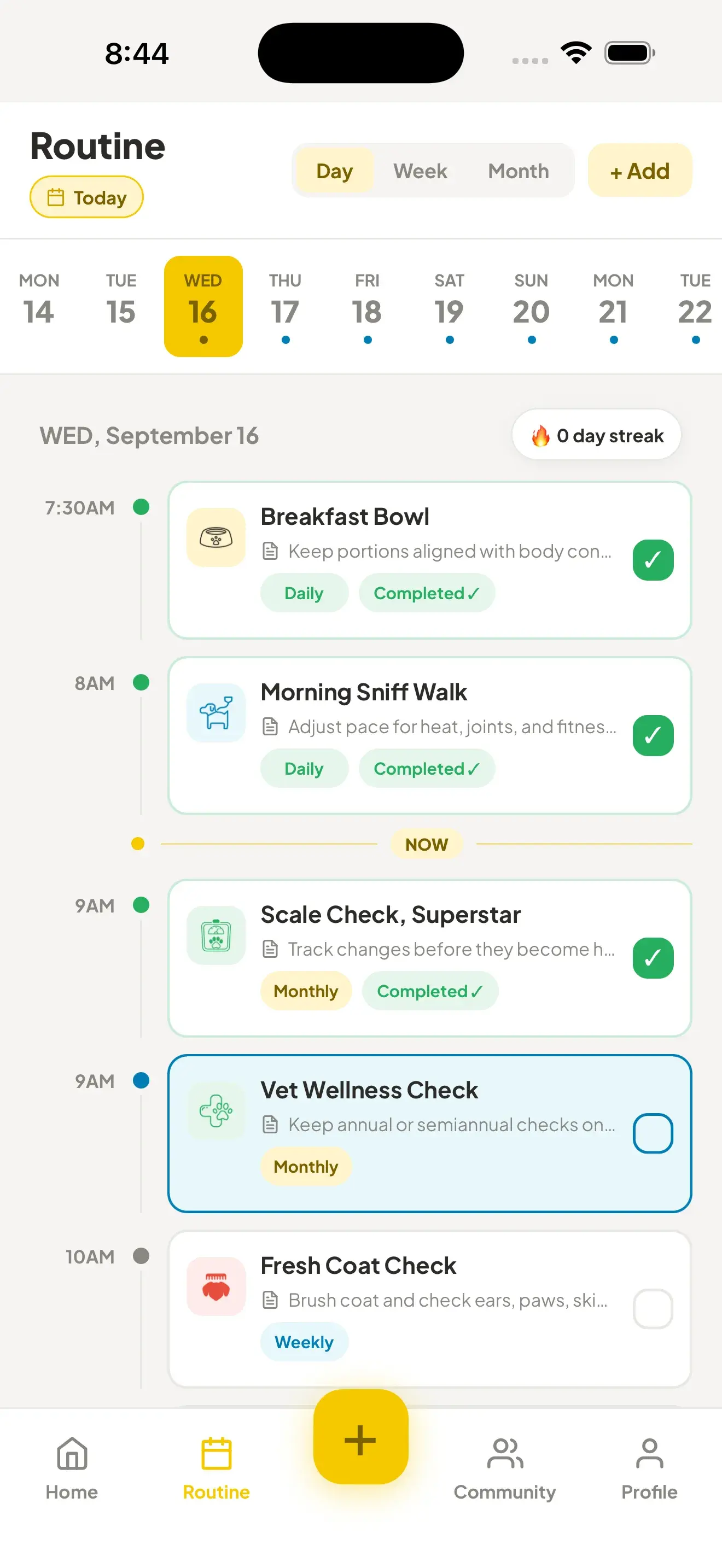 PetsGo routine screen showing meals, walks and grooming tasks by time of day.