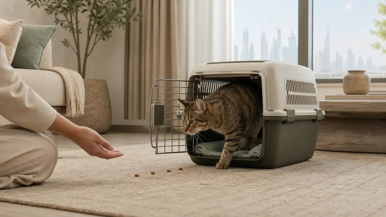 Tabby cat standing partly inside an open carrier with treats nearby in a fictional UAE apartment
