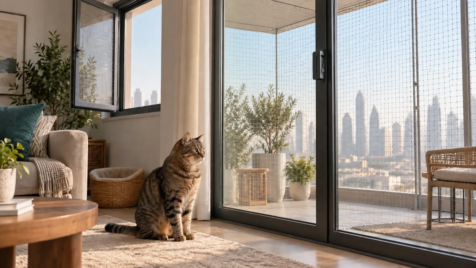 Tabby cat sitting indoors beside a closed balcony door with a full-height protective enclosure outside in a fictional UAE apartment