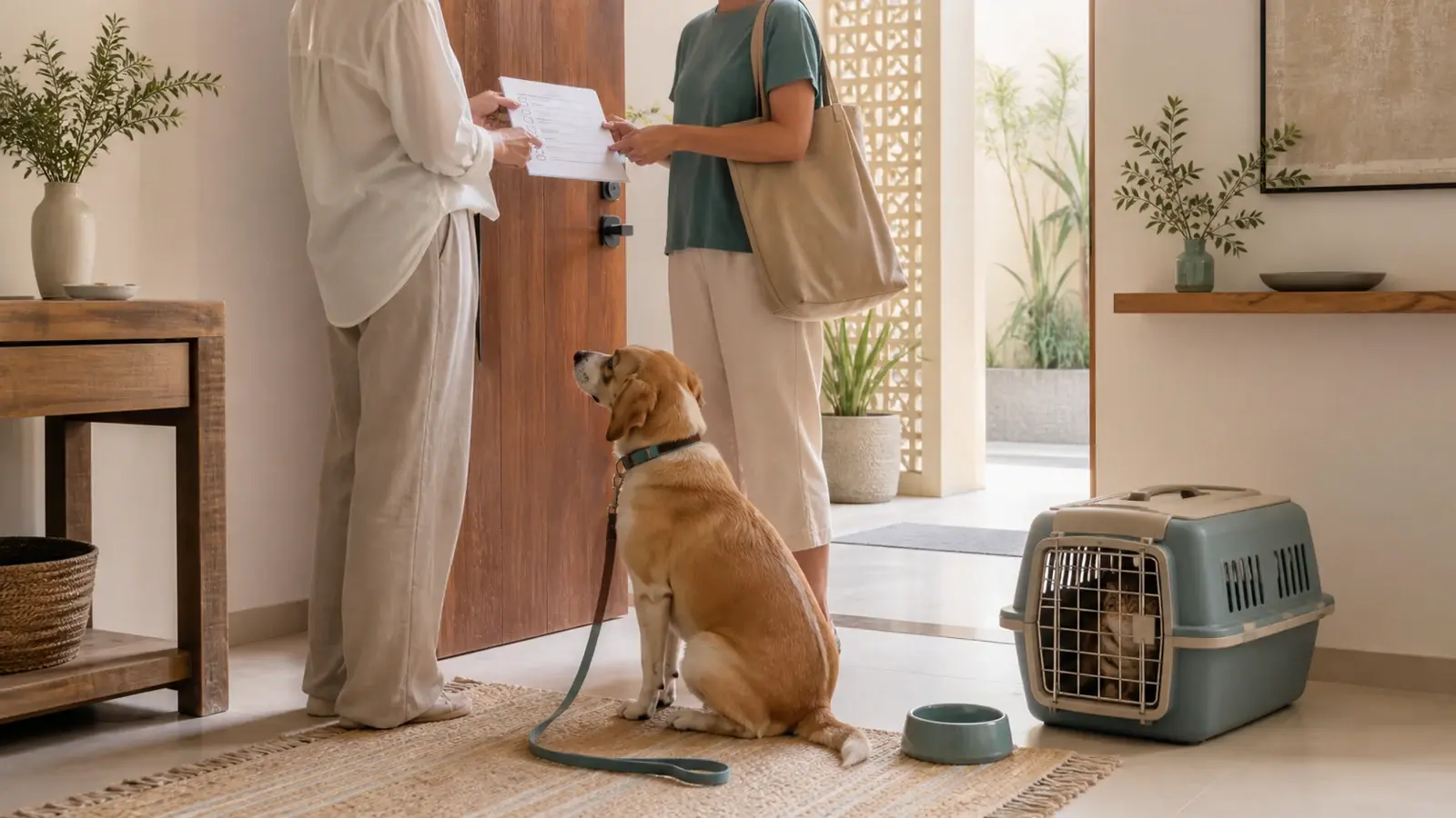 AI editorial illustration of a pet owner handing a care checklist to a sitter beside a relaxed dog and a cat in a closed carrier