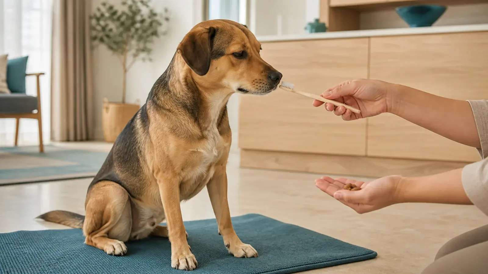 Dog calmly investigating a soft toothbrush held by an owner during reward-based dental-care practice in a fictional UAE apartment