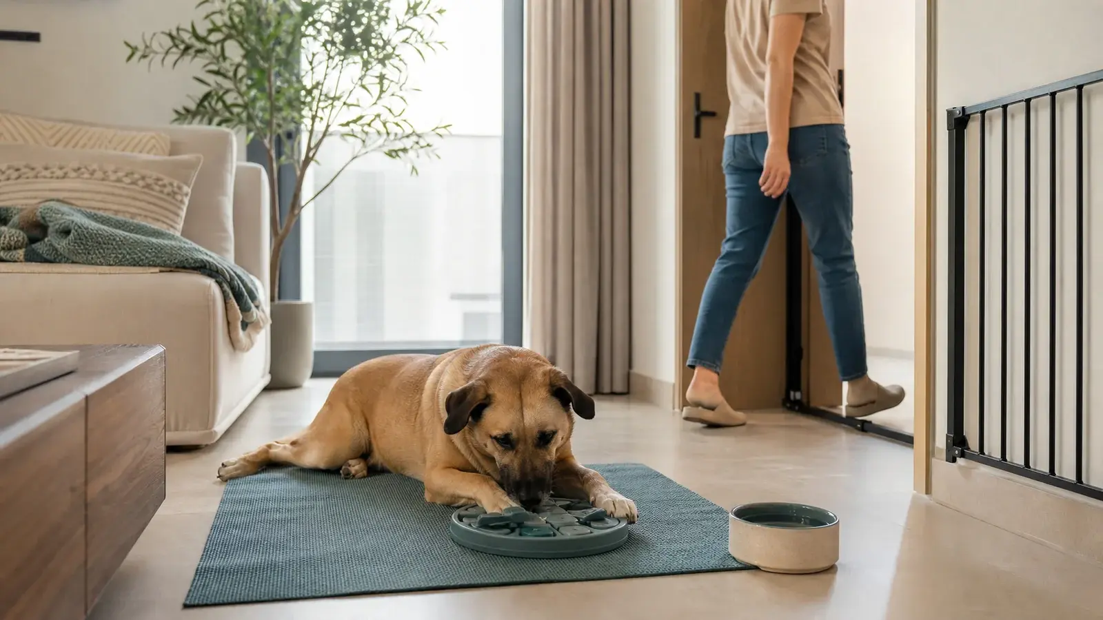 Relaxed dog using a food puzzle on a mat while its owner briefly steps through an interior doorway in a fictional UAE apartment