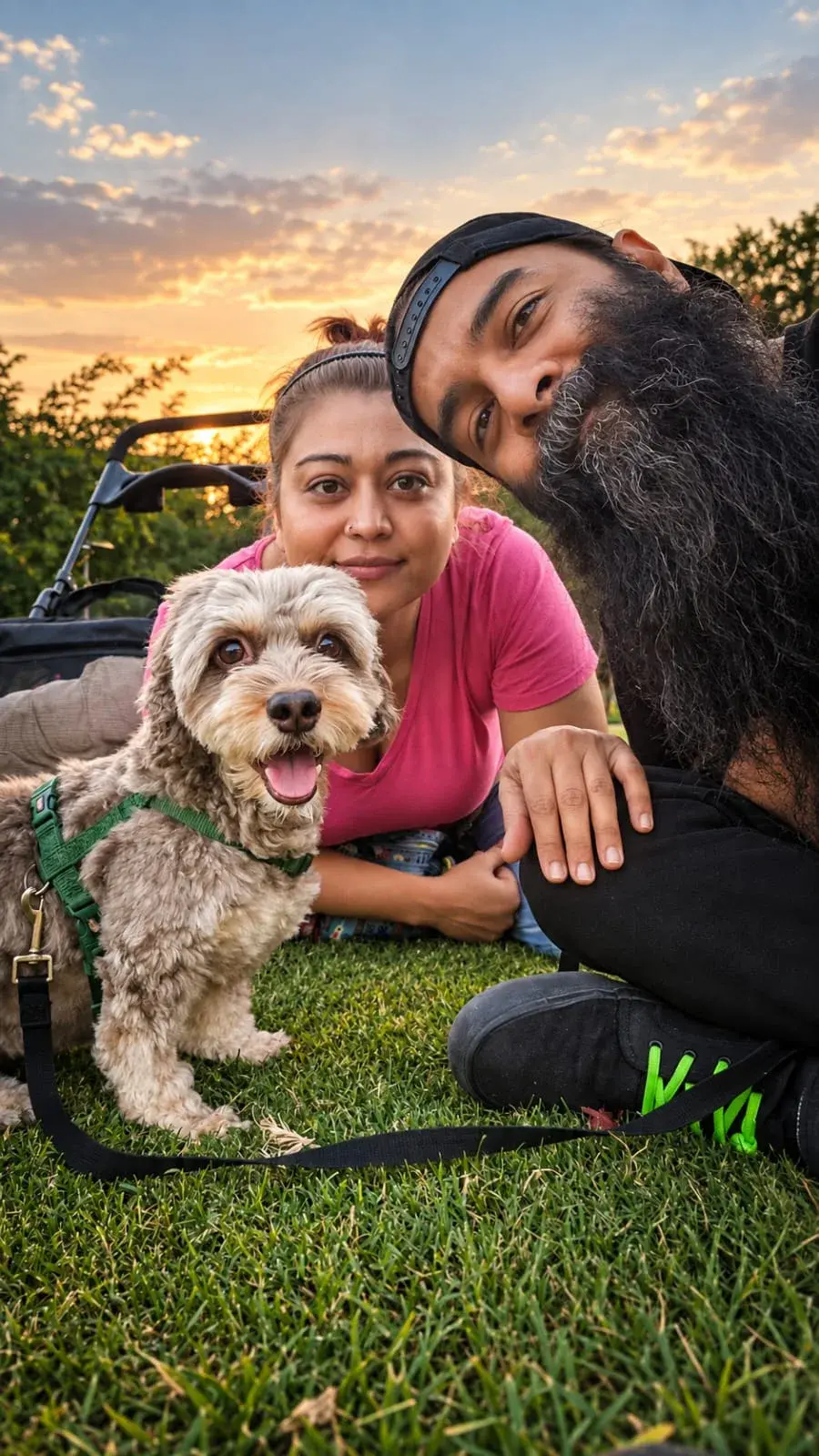 Maya with her family outdoors at sunset.