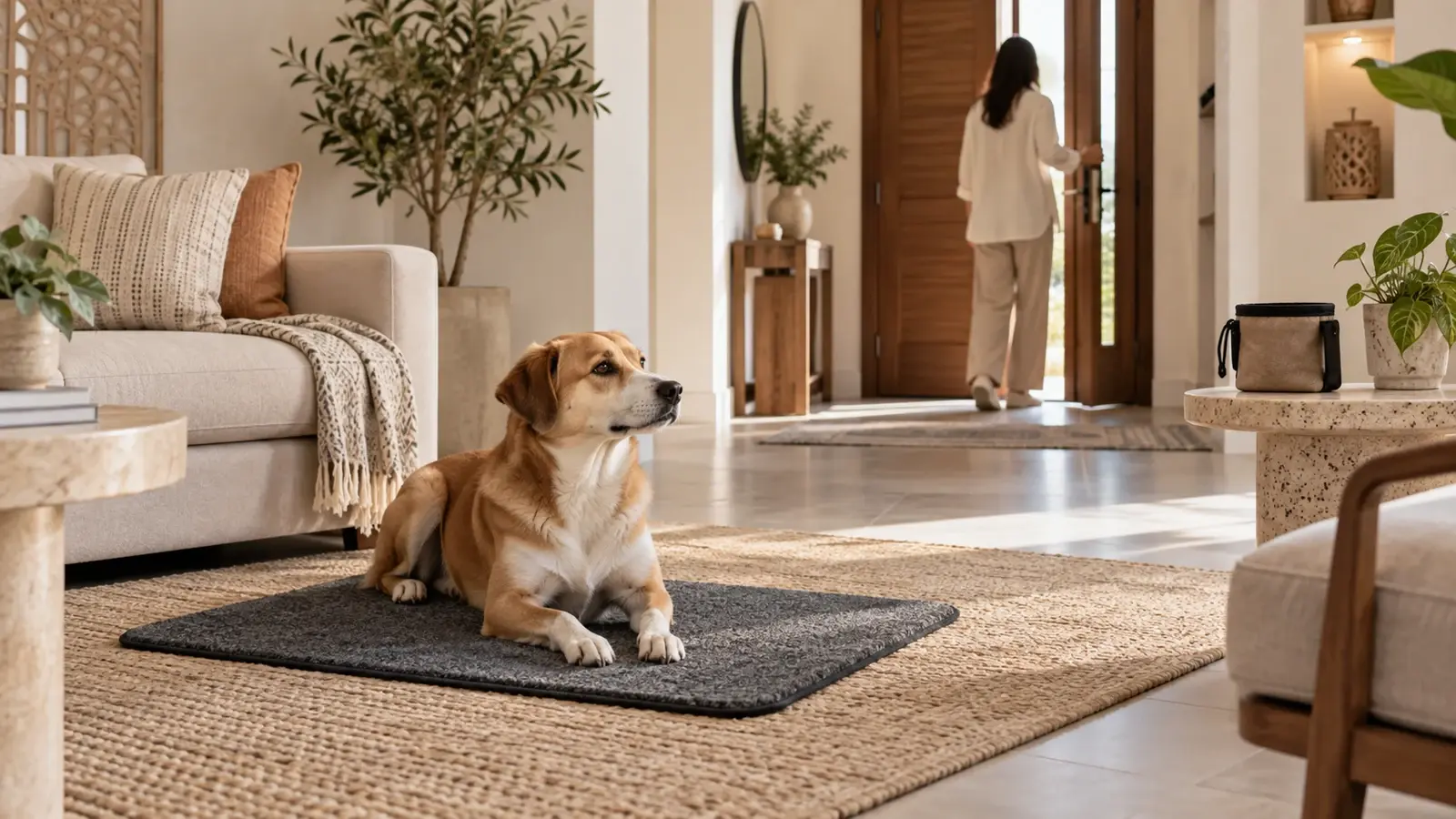 Dog resting on a mat while its owner calmly opens the front door of a fictional UAE apartment