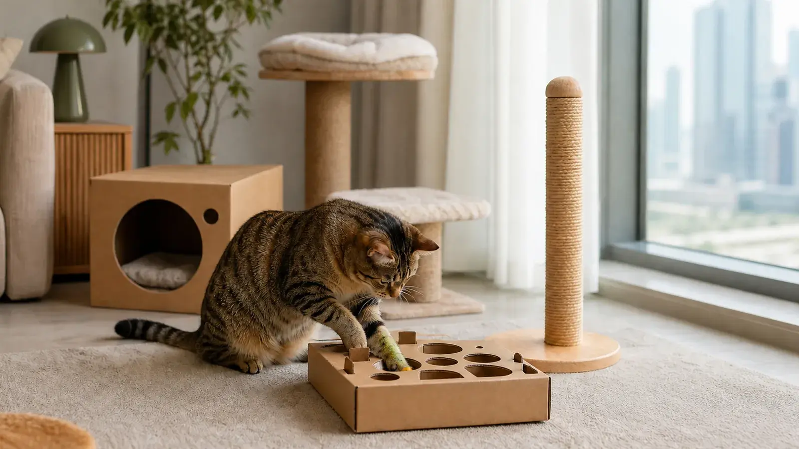 Tabby cat using a cardboard puzzle feeder beside climbing, hiding and scratching resources in a fictional UAE apartment