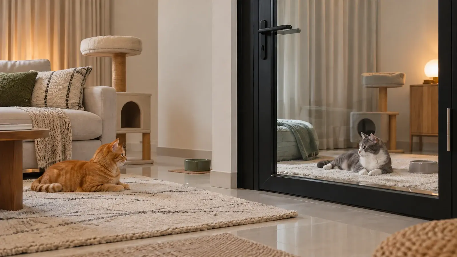Two relaxed cats in separate rooms of a fictional apartment, looking through a closed glass interior door