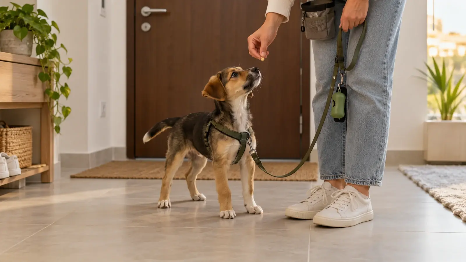 Young mixed-breed puppy on a loose lead looking towards a treat in a fictional apartment entryway