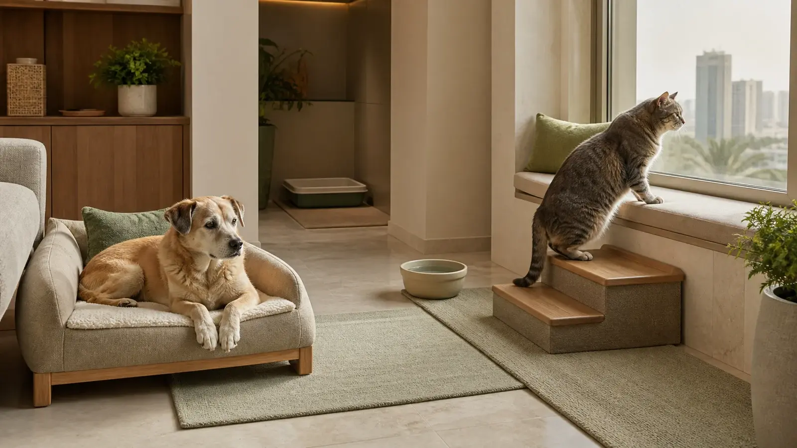 Older dog resting on a low bed and senior cat using stable steps beside non-slip runners in a fictional UAE apartment
