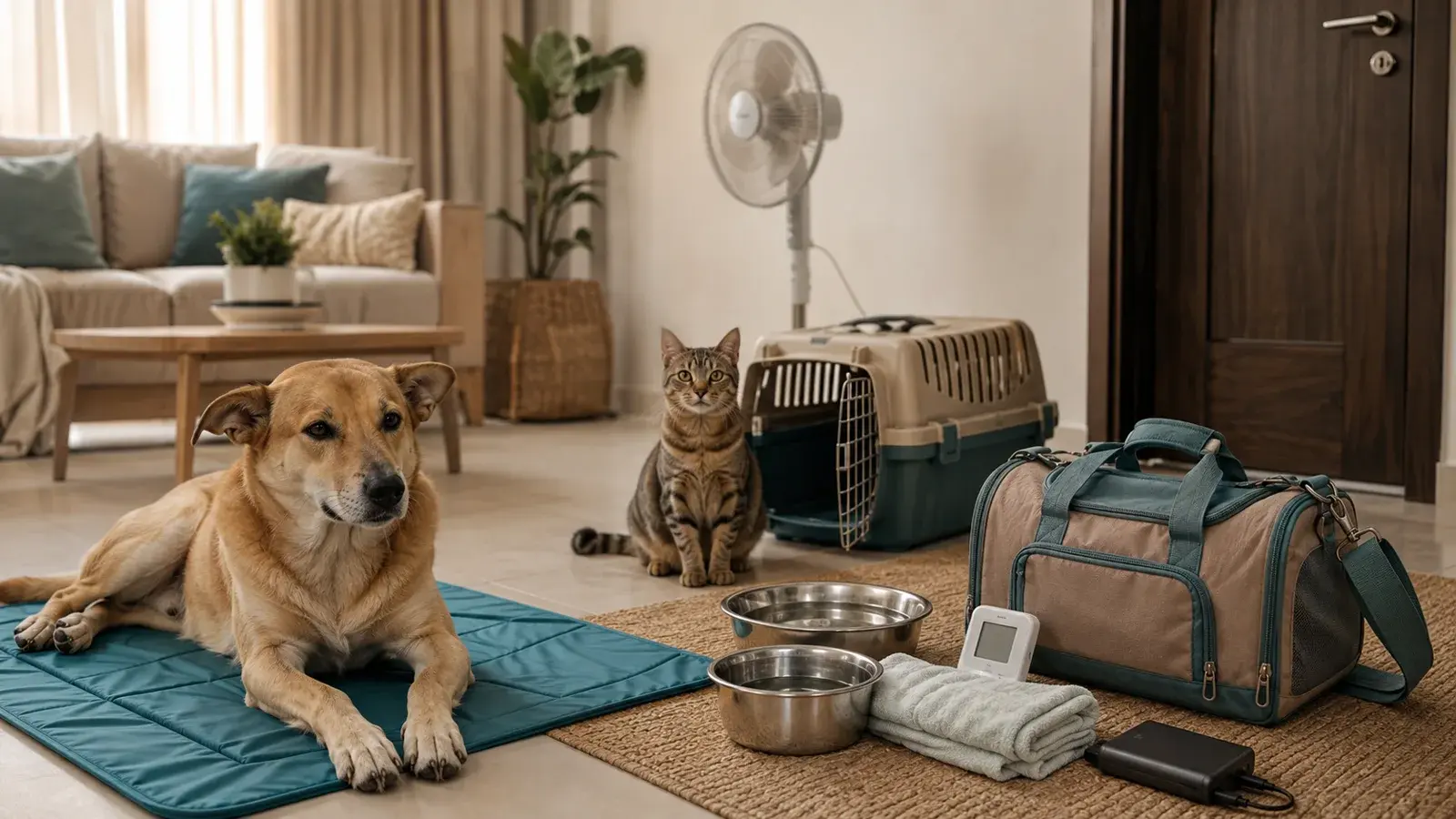Dog resting on a cooling mat beside a cat, open carrier, water bowls and a prepared pet bag in a fictional UAE apartment