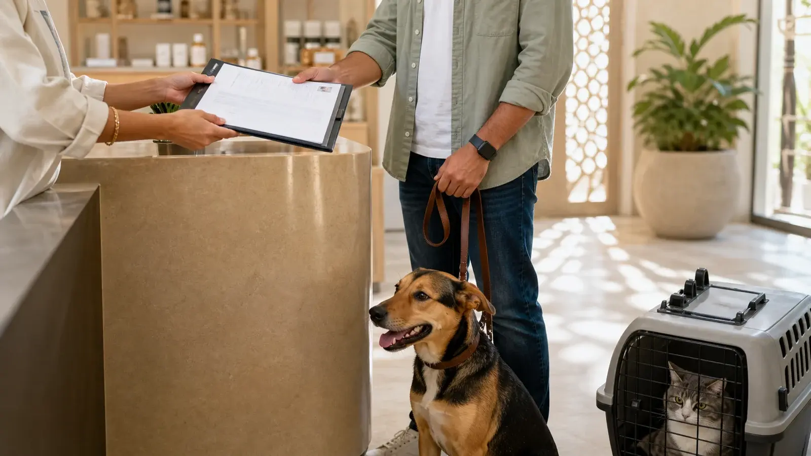 Pet owner reviewing a generic licence folder at the counter of a fictional UAE pet-care business with a dog and cat nearby
