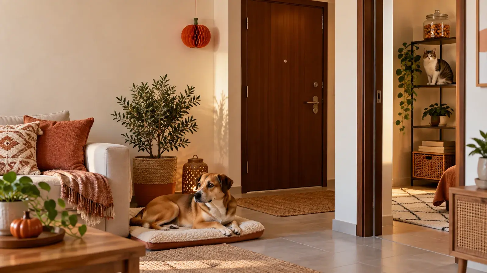 A dog rests on a mat and a cat sits in another room of a fictional UAE apartment decorated for Halloween