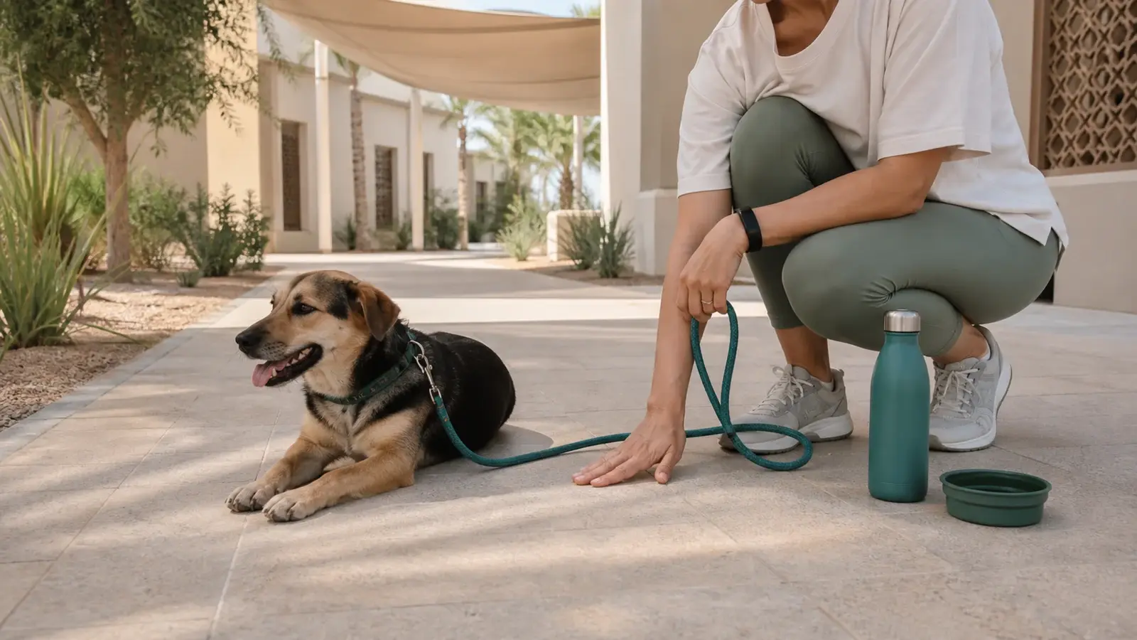 Dog owner checking a shaded walking path by hand while a leashed dog waits beside a water bottle in a fictional UAE neighbourhood